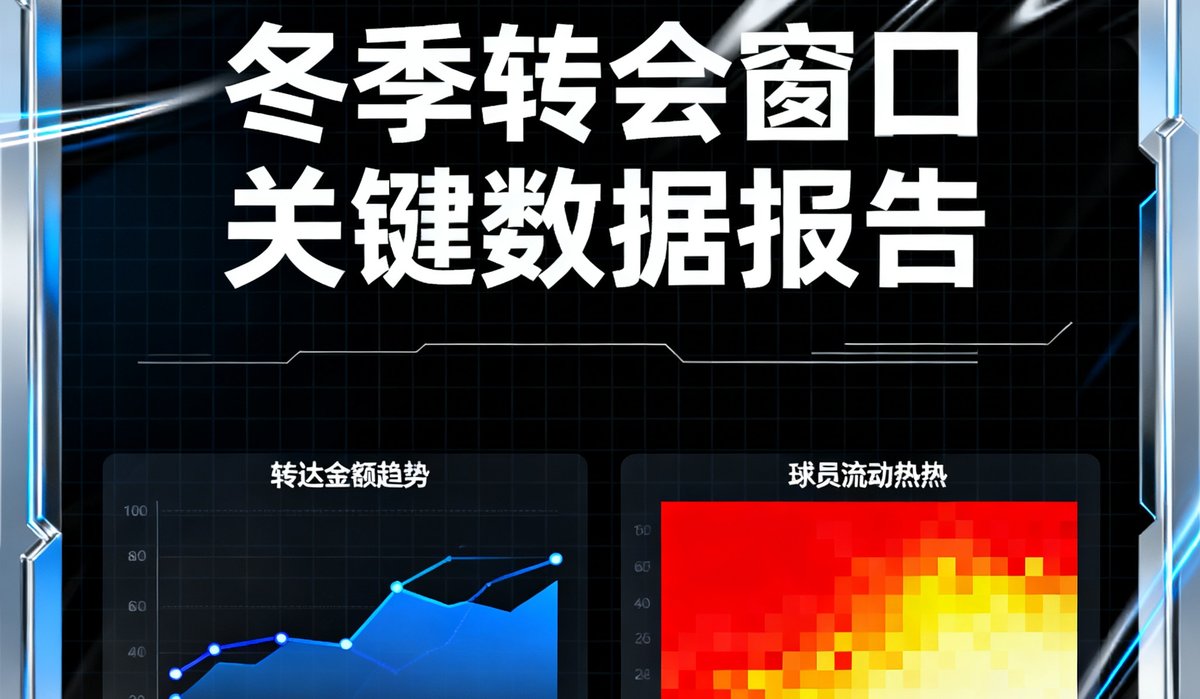 数据可视化报告封面展示冬季转会窗口关键数据图表，包含转会金额趋势和球员流动热力图，设计风格科技感十足